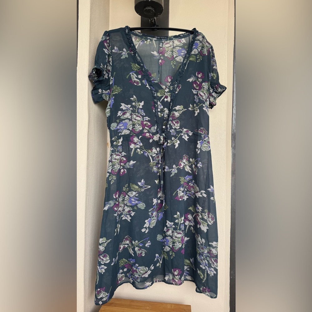 Elie Tahari Navy Blue/Purple Floral Dress Short Sleeve Semi-Sheer Ruffled L/12*